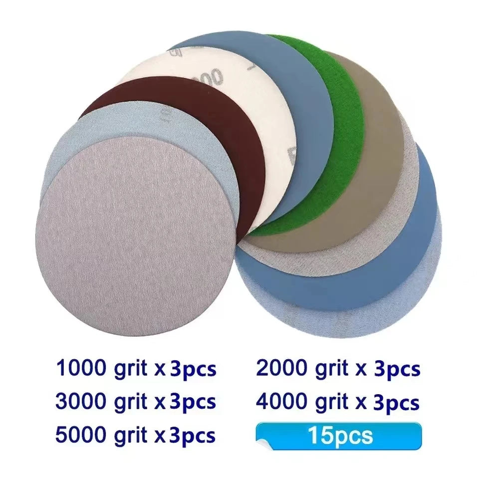 15PCS 125ሚሜ ኢንች ግሪት 1000 2000 3000 4000 5000 ማጠሪያ ዲስኮች መንጠቆ ሉፕ ማጠሪያ ክብ ዲስክ