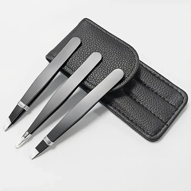 3PCS Premium Stainless Steel Eyebrow Tweezers Set – Flat, Slant, & Pointed Tips