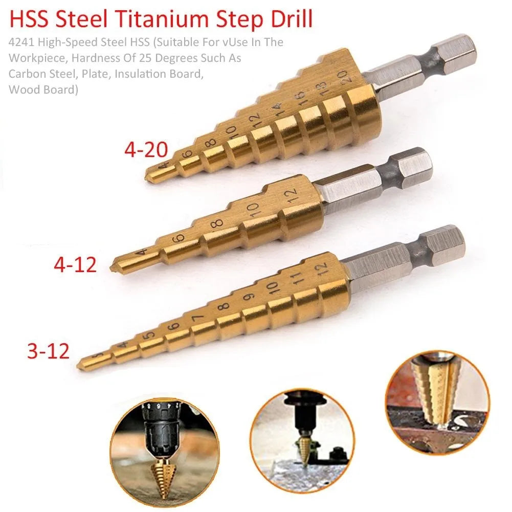 3PCS Step Drill Bit Set – Titanium Cobalt Coated for Metal Drilling (Sizes 3-12mm, 4-12mm, 4-20mm)