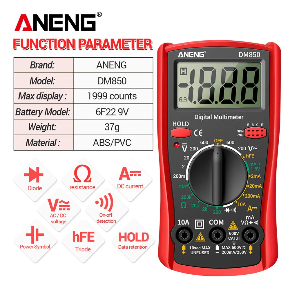 ANENG DM850 ዲጂታል መልቲሜትር - 1999 ቆጠራዎች፣ ራስ-ሰር የ AC/DC የቮልቴጅ ሞካሪ