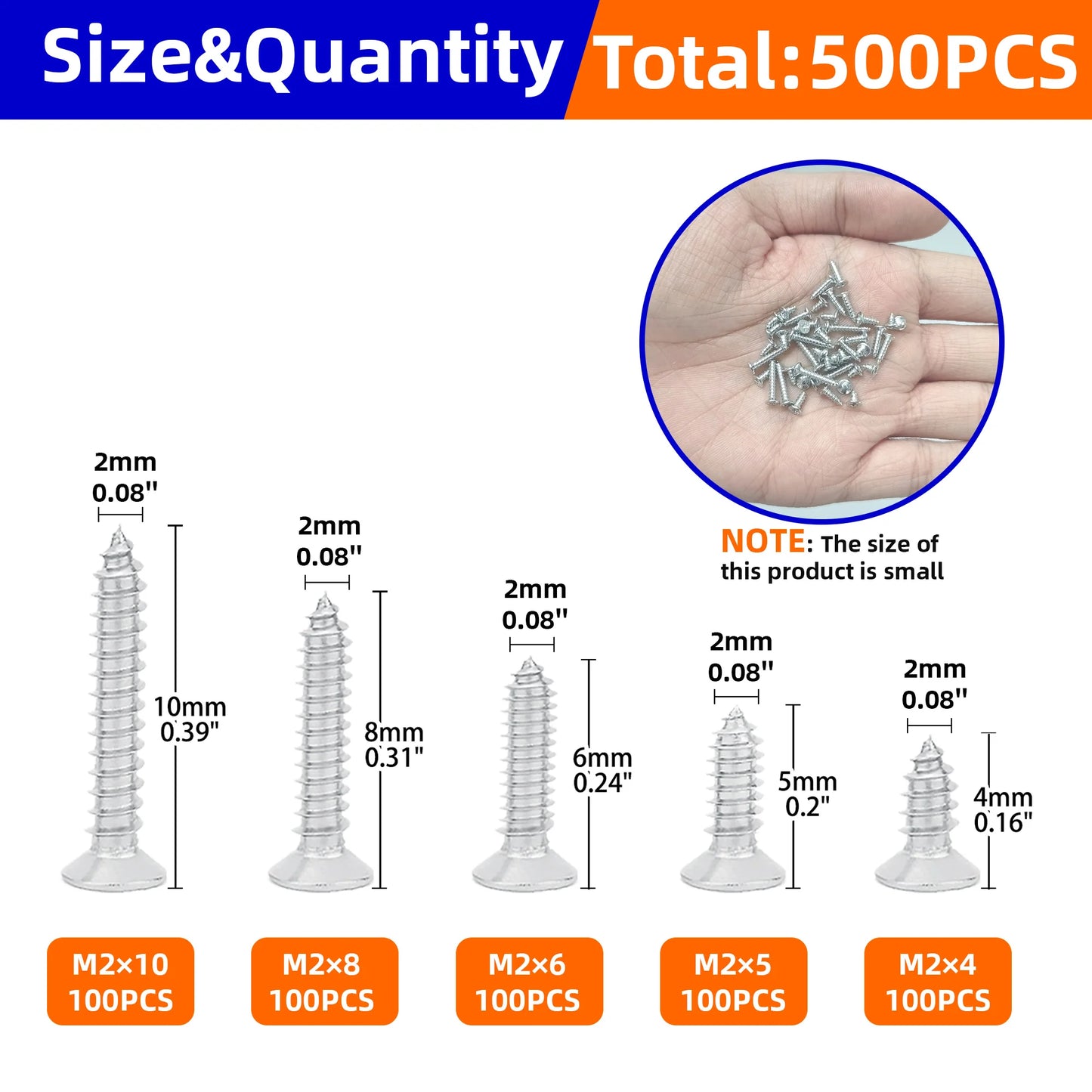 500PCS Wood Screws Assortment Kit – Flat Head, Phillips, Self-Tapping (M2x4 to M2x10)