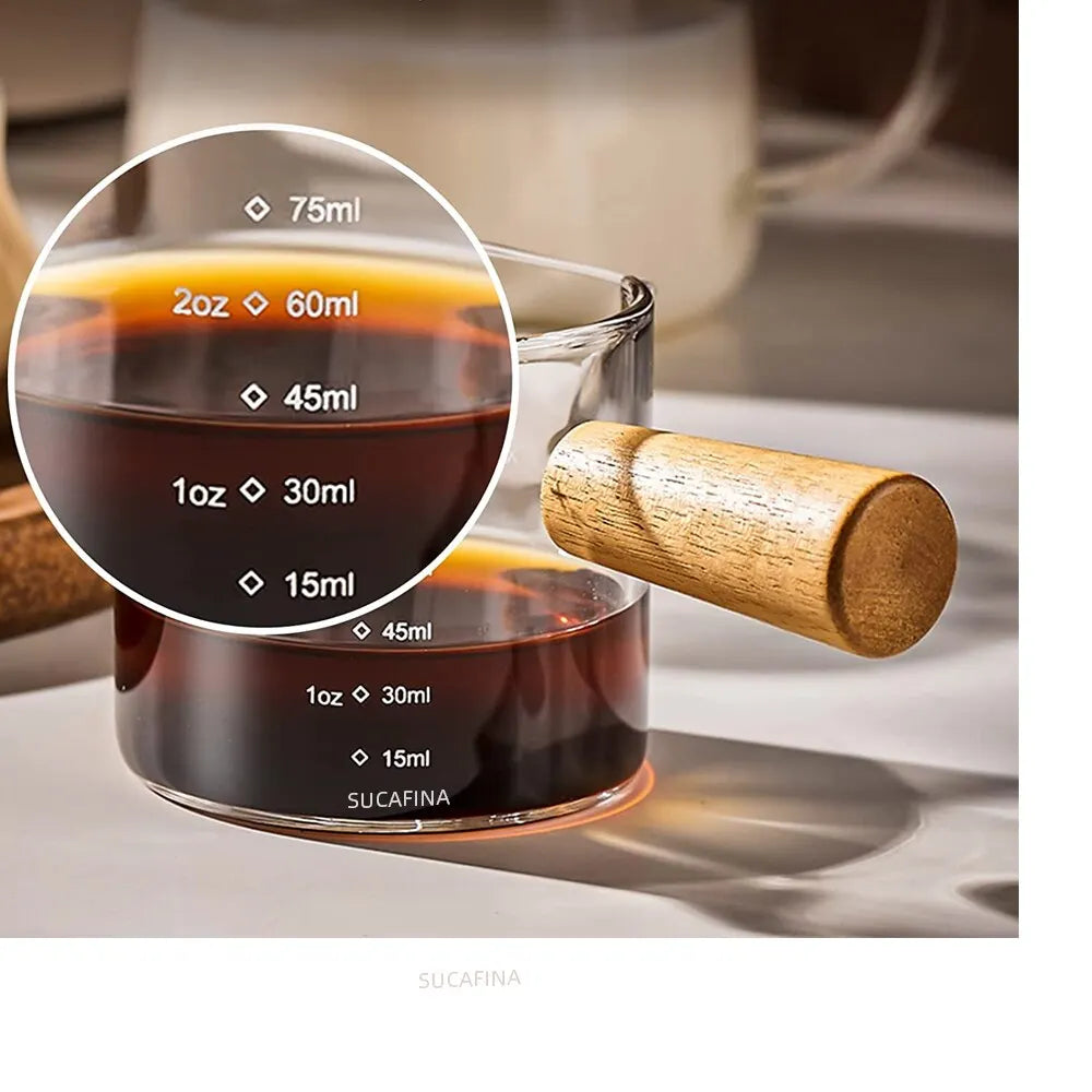 75ml ሙቀትን የሚቋቋም የመስታወት ኤስፕሬሶ መለኪያ ዋንጫ - ባለ ሁለት ስፖት ወተት ማሰሮ ከእጅ ጋር