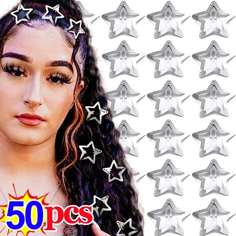Y2K Silver Star Hair Clips - 2/50Pcs Filigree Metal Barrettes፣ ከኒኬል ነፃ
