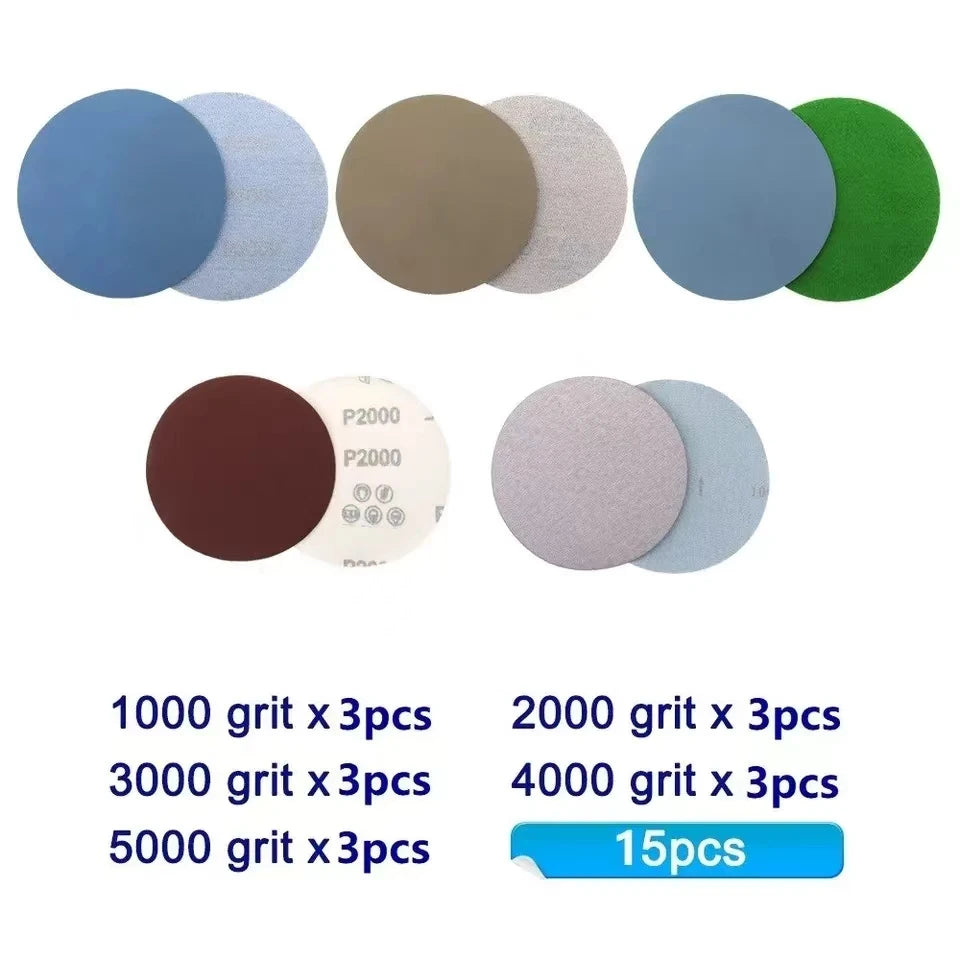 15PCS 125ሚሜ ኢንች ግሪት 1000 2000 3000 4000 5000 ማጠሪያ ዲስኮች መንጠቆ ሉፕ ማጠሪያ ክብ ዲስክ