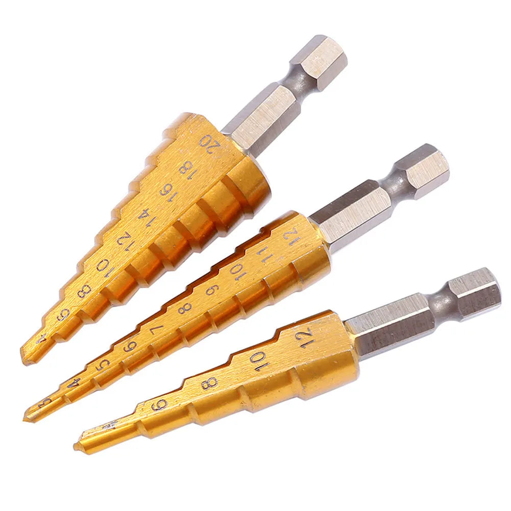 3PCS Step Drill Bit Set – Titanium Cobalt Coated for Metal Drilling (Sizes 3-12mm, 4-12mm, 4-20mm)