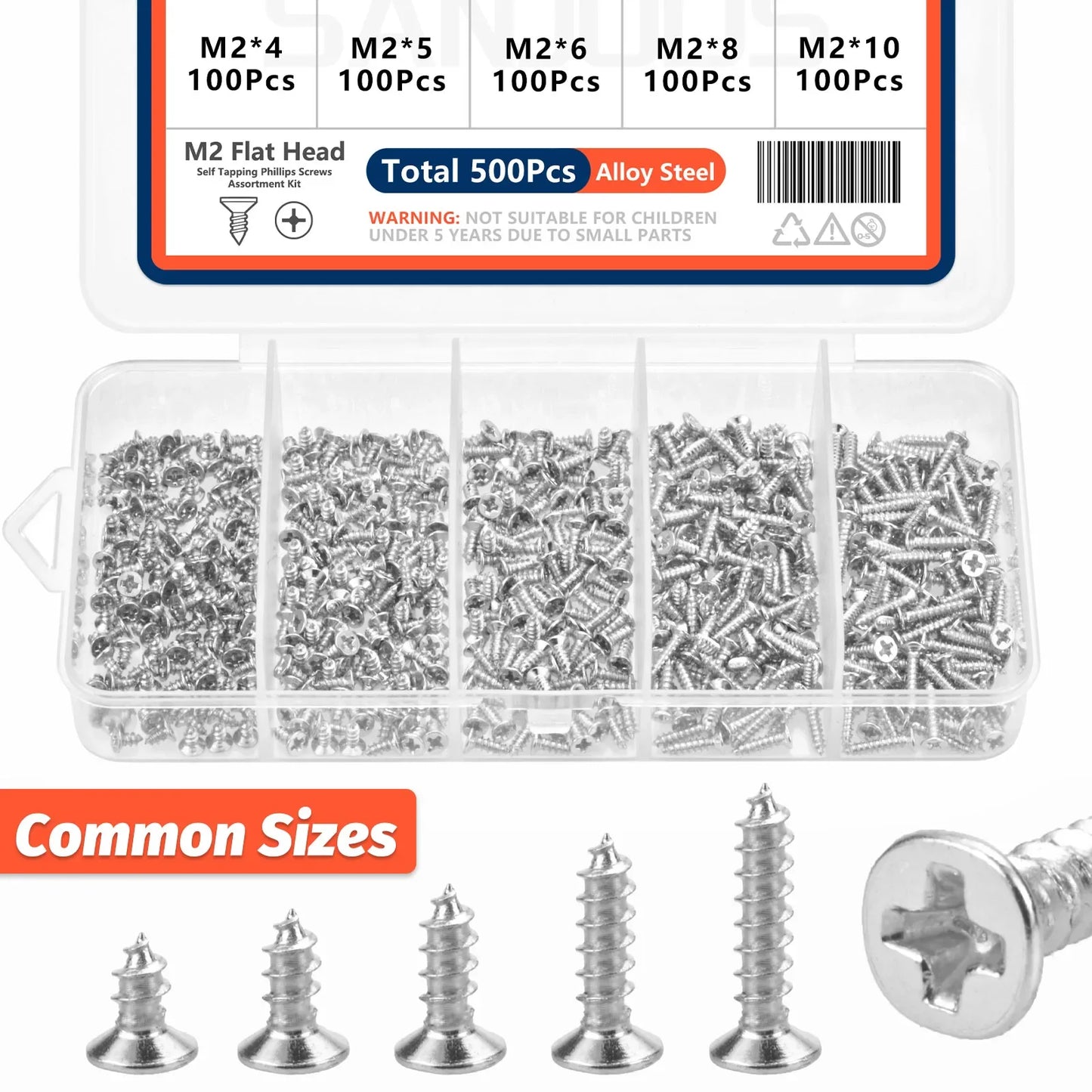 500PCS Self-Tapping Phillips Screws Kit – M2 Alloy Steel, 5 Sizes for Woodworking & DIY