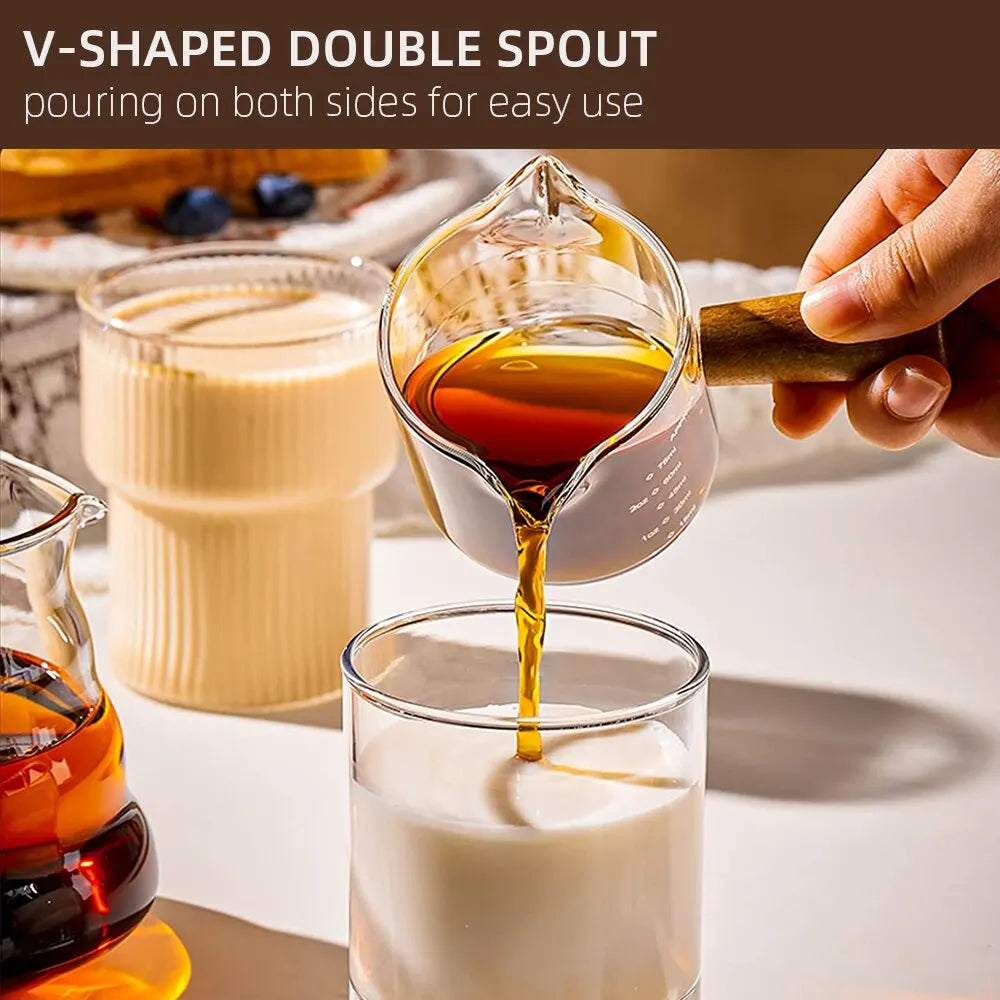 75ml ሙቀትን የሚቋቋም የመስታወት ኤስፕሬሶ መለኪያ ዋንጫ - ባለ ሁለት ስፖት ወተት ማሰሮ ከእጅ ጋር