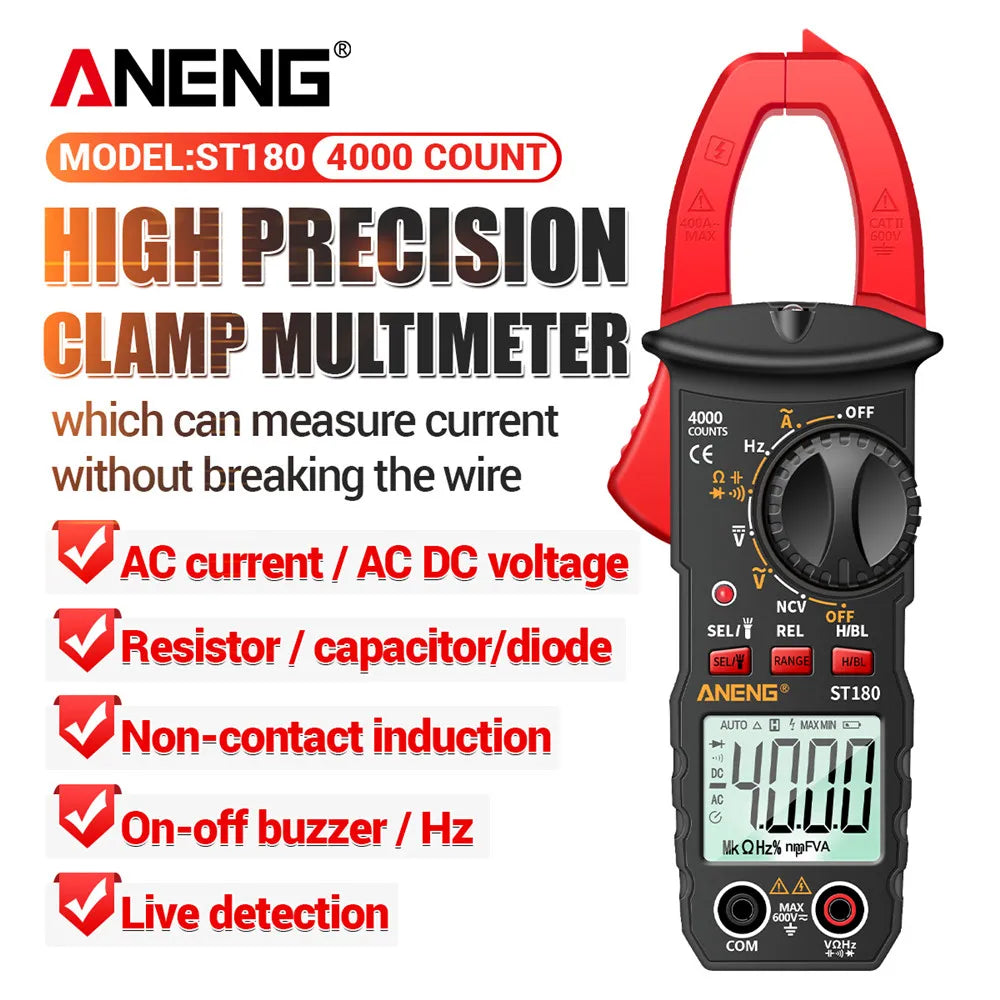 ANENG ST180 ዲጂታል ክላምፕ መልቲሜትር – 4000 ቆጠራዎች፣ AC Current፣ Voltage & NCV ሞካሪ