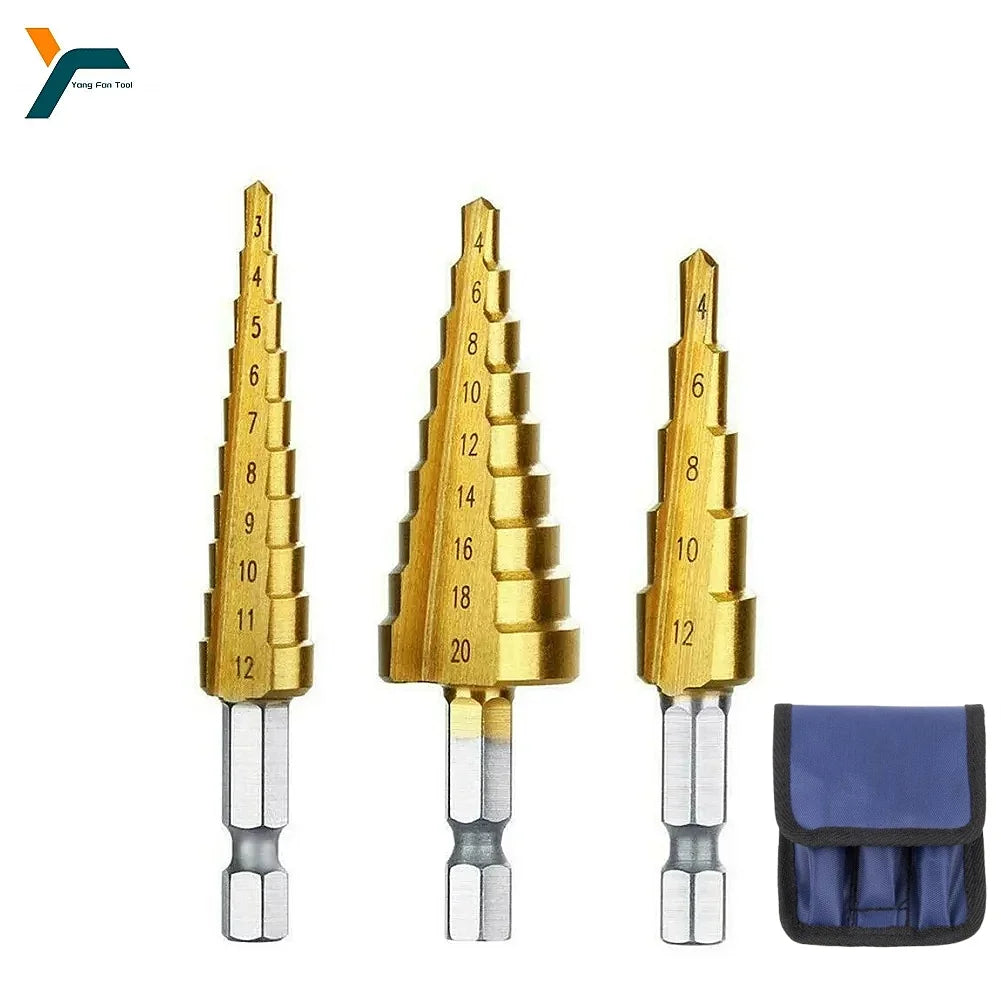 3PCS Step Drill Bit Set – Titanium Cobalt Coated for Metal Drilling (Sizes 3-12mm, 4-12mm, 4-20mm)