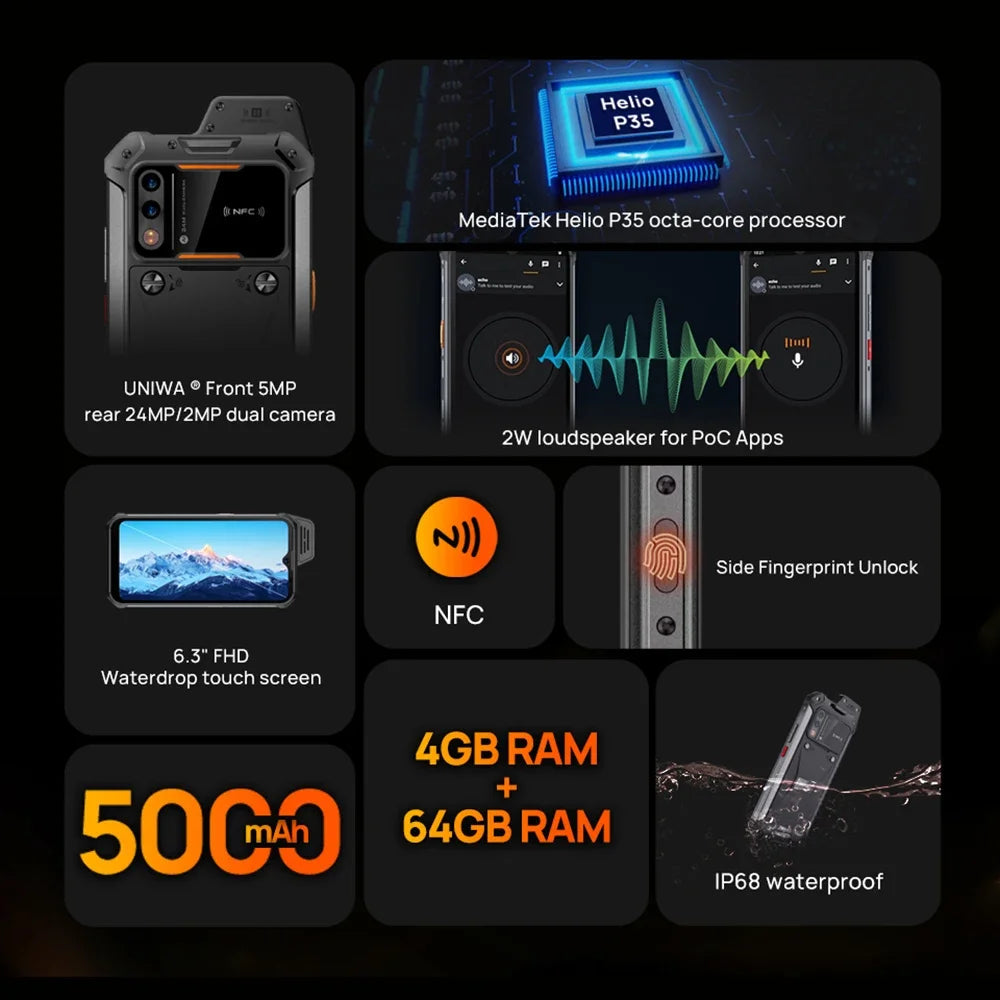 UNIWA W888 Rugged Smartphone – ፍንዳታ ማረጋገጫ፣ IP68 ውሃ የማይገባ፣ አንድሮይድ 11፣ 6.3 ኢንች ኤችዲ ስክሪን፣ 5000mAh ባትሪ