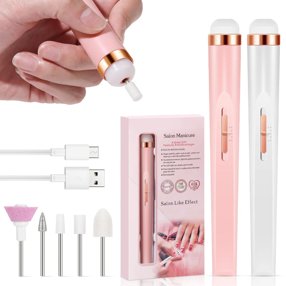 YIKOOLIN 5 in 1 Electric Nail Polish Drill Machine With Light Portable Mini Electric Manicure Art Pen Tools For Gel Remover