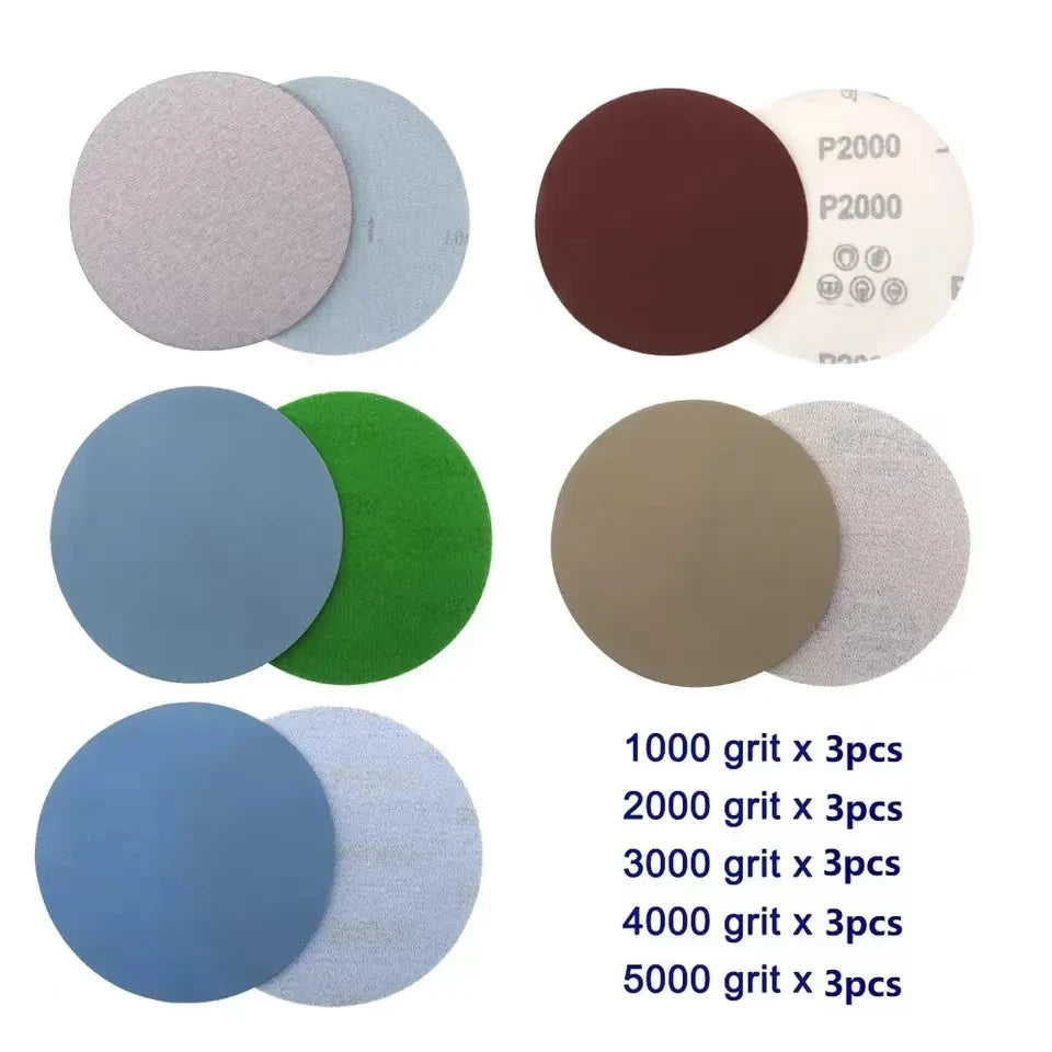 15PCS 125ሚሜ ኢንች ግሪት 1000 2000 3000 4000 5000 ማጠሪያ ዲስኮች መንጠቆ ሉፕ ማጠሪያ ክብ ዲስክ