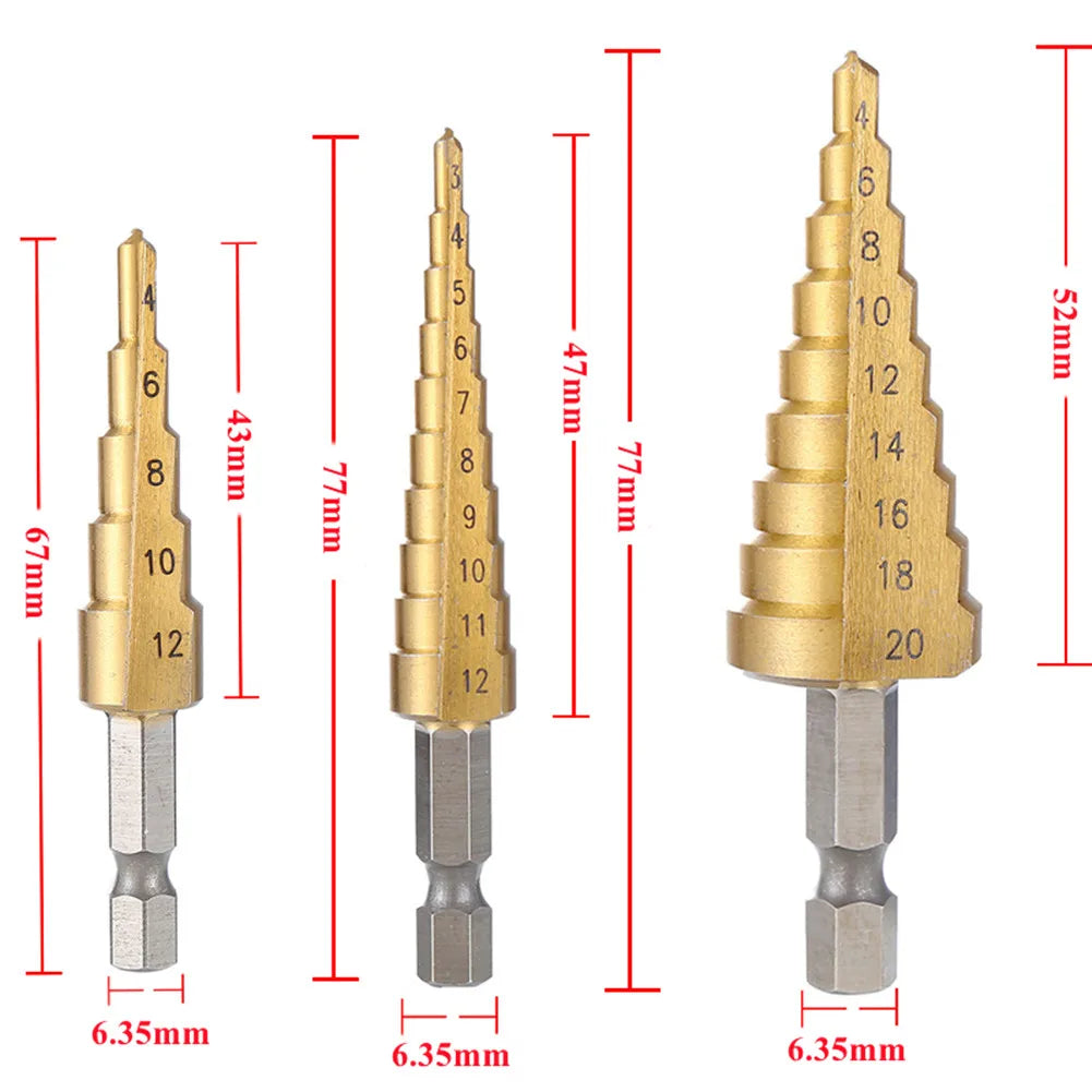 3PCS Step Drill Bit Set – Titanium Cobalt Coated for Metal Drilling (Sizes 3-12mm, 4-12mm, 4-20mm)
