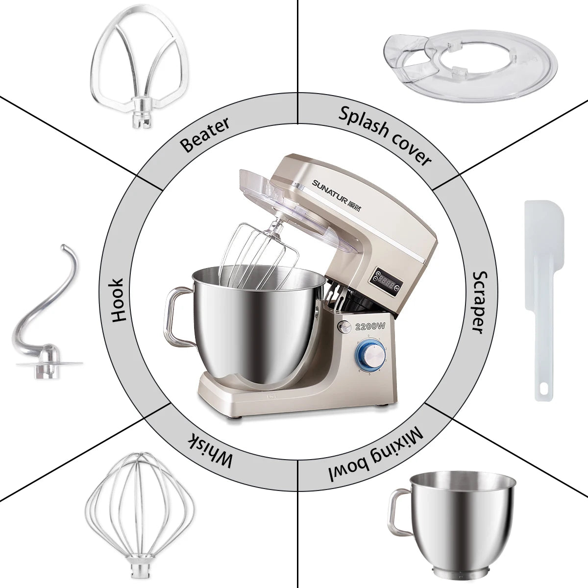Sunatur 10L Stand Mixer – 2200W የኤሌክትሪክ ወጥ ቤት ቀላቃይ ለዶፍ፣ ለመጋገር እና ለሌሎችም