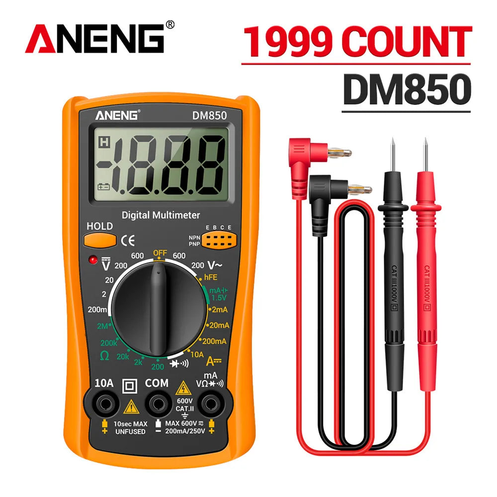 ANENG DM850 ዲጂታል መልቲሜትር - 1999 ቆጠራዎች፣ ራስ-ሰር የ AC/DC የቮልቴጅ ሞካሪ