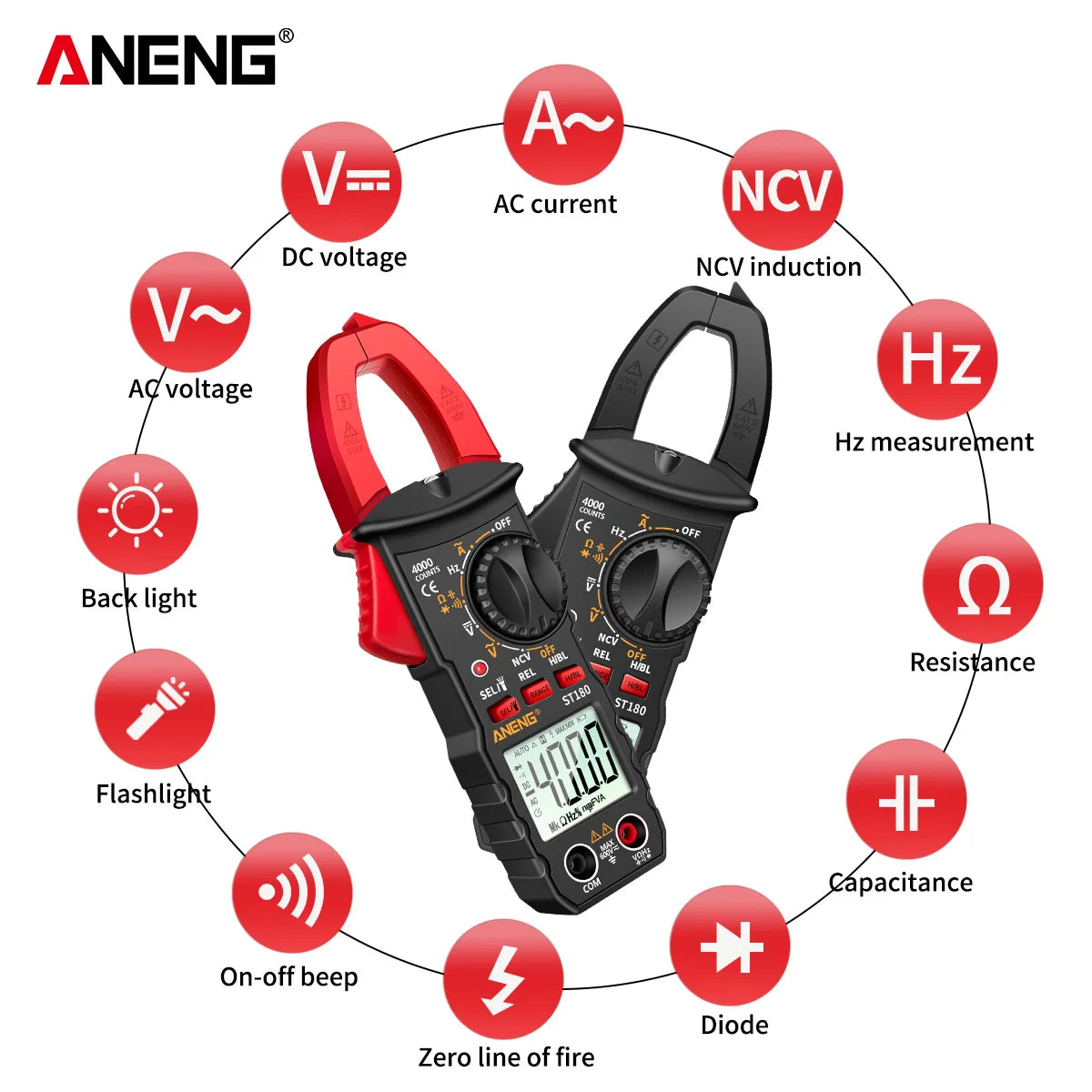 ANENG ST180 ዲጂታል ክላምፕ መልቲሜትር – 4000 ቆጠራዎች፣ AC Current፣ Voltage & NCV ሞካሪ