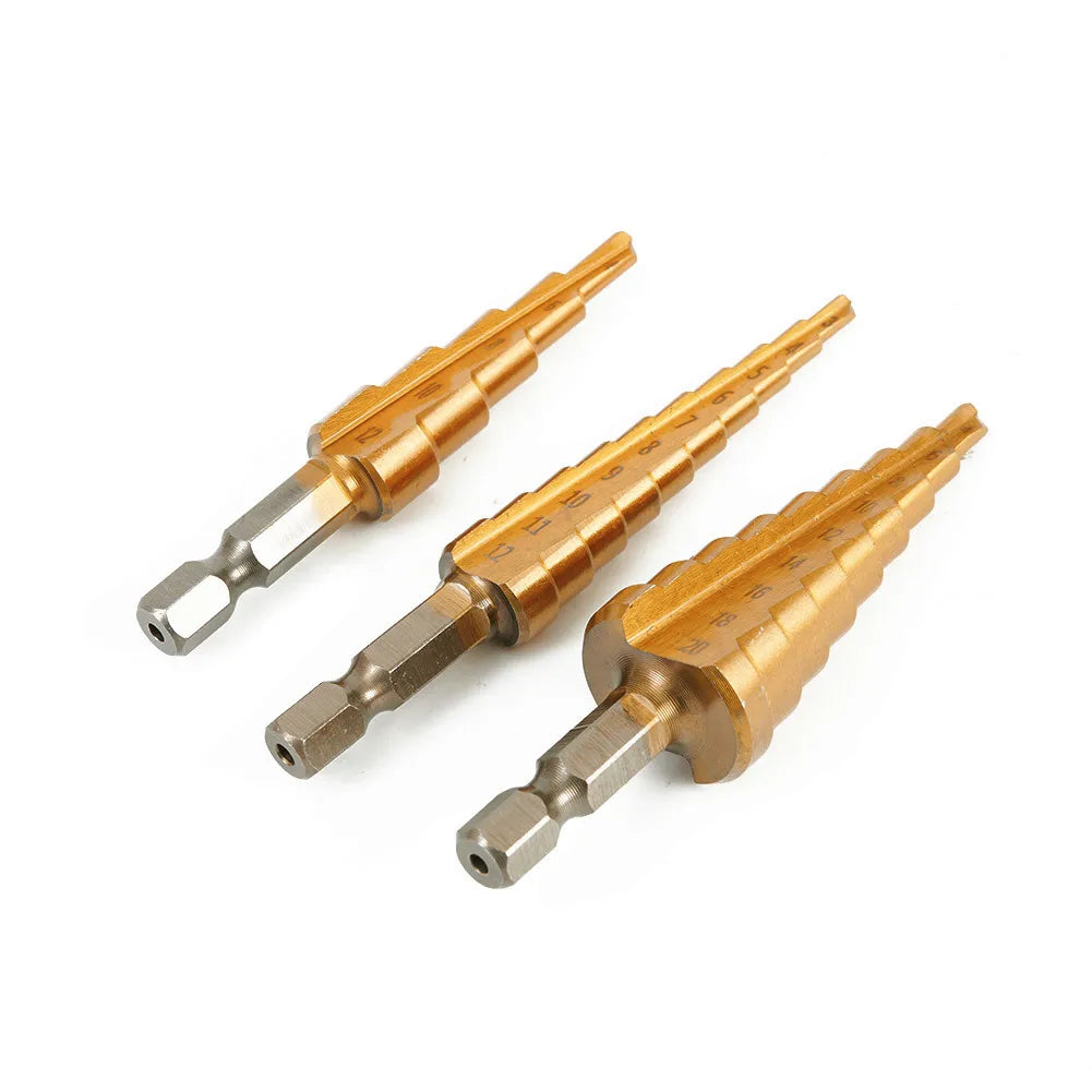 3PCS Step Drill Bit Set – Titanium Cobalt Coated for Metal Drilling (Sizes 3-12mm, 4-12mm, 4-20mm)
