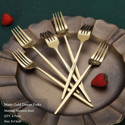 Silvere/Golden Stain Flatware ዘመናዊ 6 pcs አይዝጌ ብረት እራት ሹካ 8.2 ኢንች ካምፕ ራት እቃ የጠረጴዛ ዕቃዎች የመመገቢያ ዕቃዎች አዘጋጅ