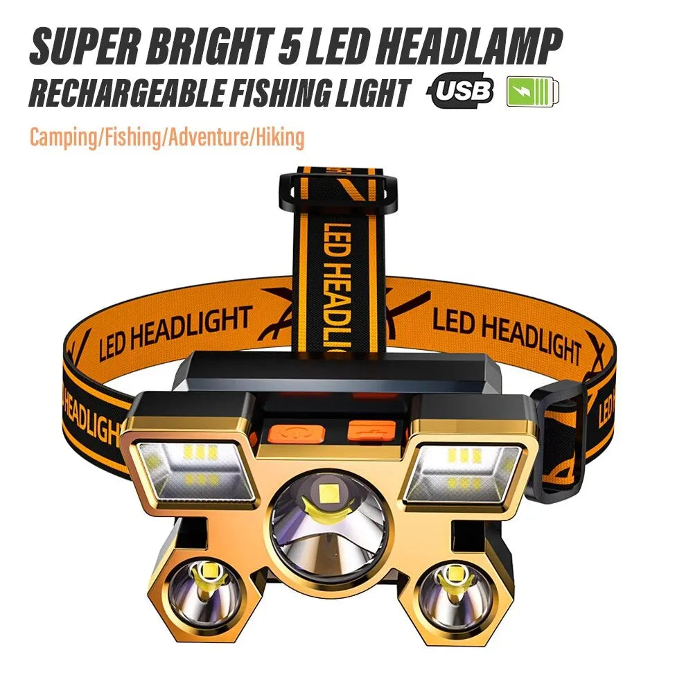 Rechargeable 5-LED Headlamp – Super Bright Light for Camping, Fishing, and Outdoor Use