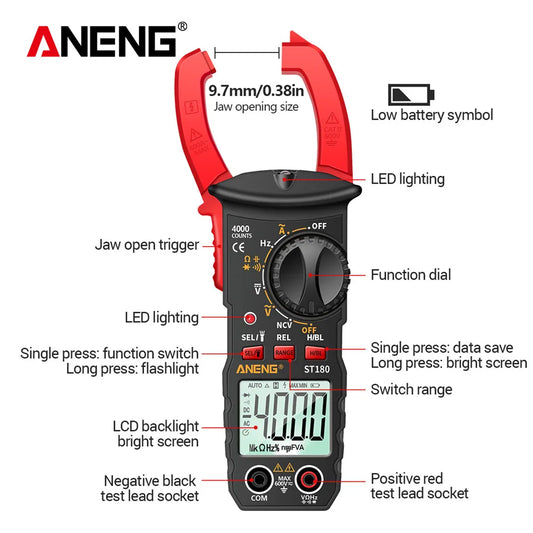 ANENG ST180 ዲጂታል ክላምፕ መልቲሜትር – 4000 ቆጠራዎች፣ AC Current፣ Voltage &amp; NCV ሞካሪ
