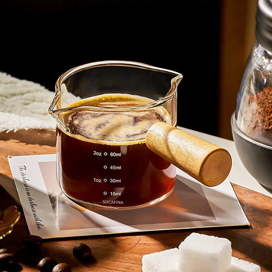 75ml ሙቀትን የሚቋቋም የመስታወት ኤስፕሬሶ መለኪያ ዋንጫ - ባለ ሁለት ስፖት ወተት ማሰሮ ከእጅ ጋር