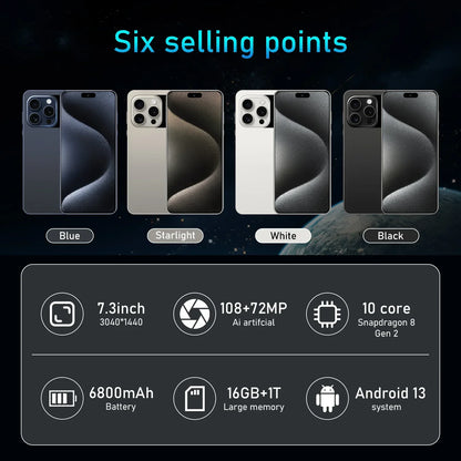 i15 Pro ባለከፍተኛ-መጨረሻ ስማርትፎን - 7.3 ኢንች ኤችዲ ማሳያ፣ 5ጂ፣ አንድሮይድ 13፣ 108ሜፒ ካሜራ፣ 6800mAh ባትሪ