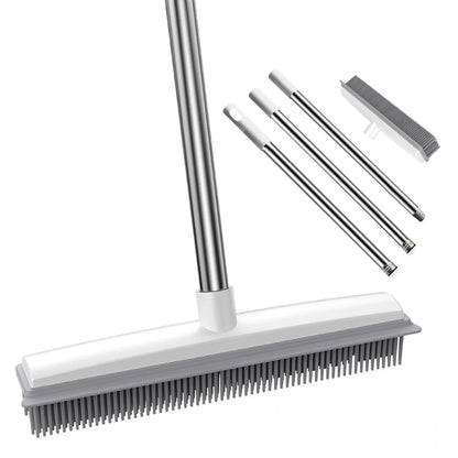 Rubber Broom & Carpet Rake with Squeegee – Pet Hair Remover for Carpets & Hard Floors