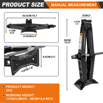Compact DayPlus Scissor Jack - 2 Ton Car Jack with Hex Wrench, 105-385mm Lift Range for Cars & SUV