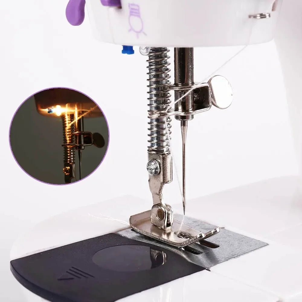 מיני מכונת תפירה חשמלית - ניידת, מהירות כפולה עם דוושת רגל ותאורת לילה