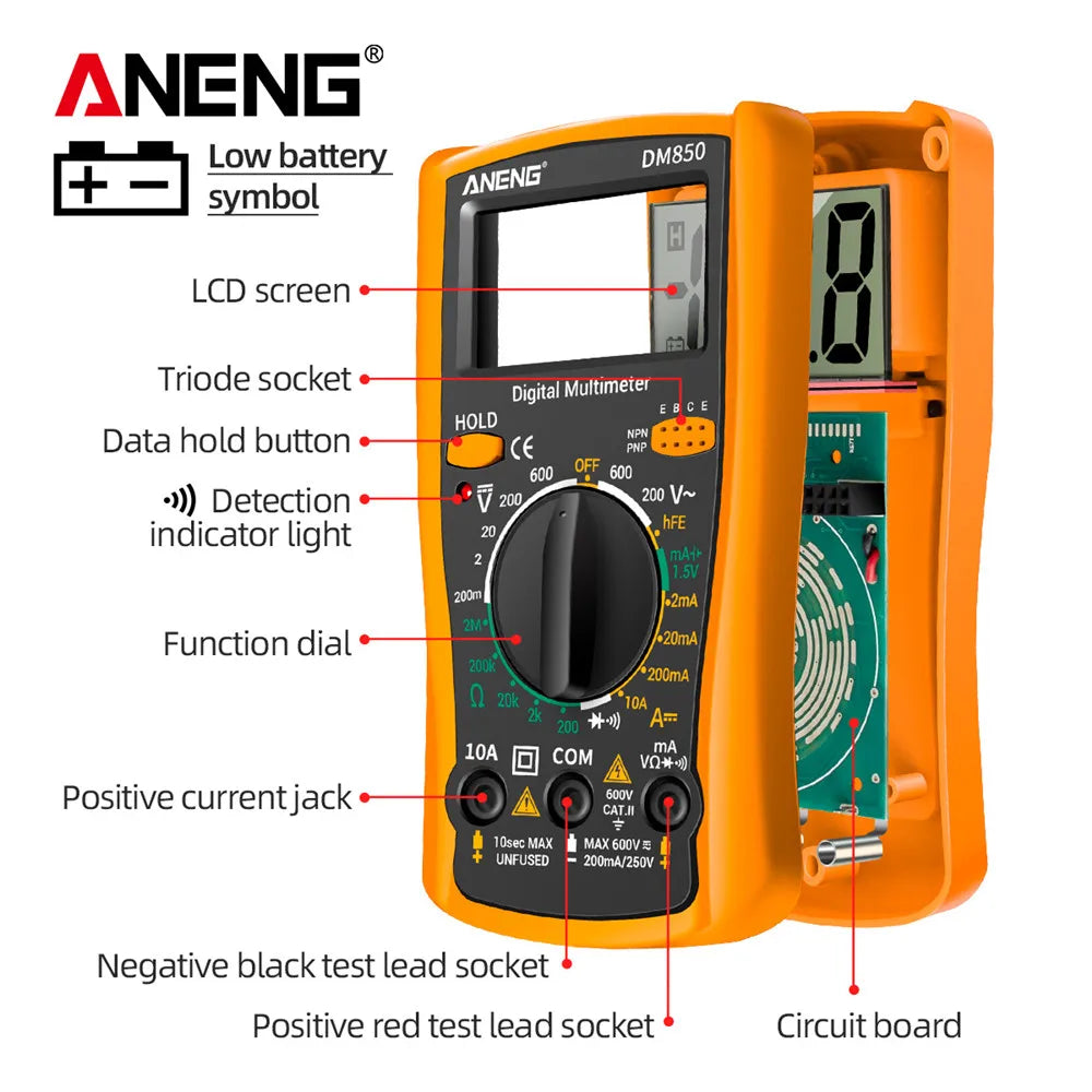 ANENG DM850 ዲጂታል መልቲሜትር - 1999 ቆጠራዎች፣ ራስ-ሰር የ AC/DC የቮልቴጅ ሞካሪ